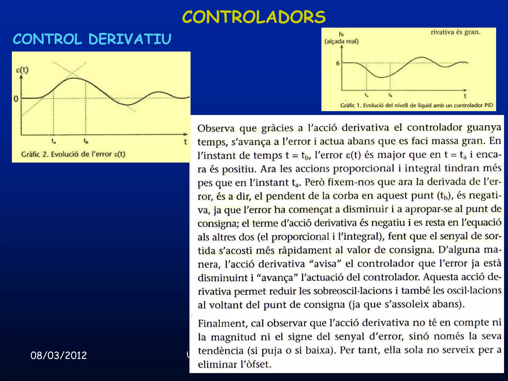 CONTROLADORS
CONTROL DERIVATIU




 08/03/2012         Unitat 8. Sistemes automàtics i de control   53
 