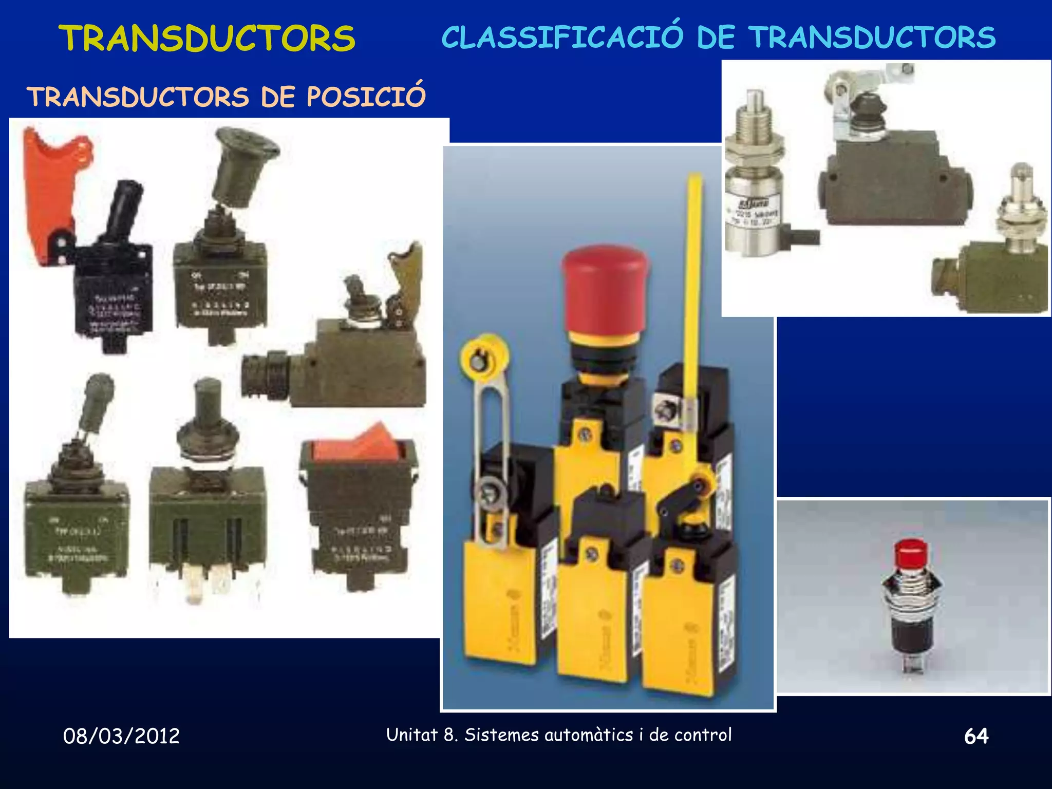 TRANSDUCTORS             CLASSIFICACIÓ DE TRANSDUCTORS

TRANSDUCTORS DE POSICIÓ




  08/03/2012        Unitat 8. Sistemes automàtics i de control   64
 