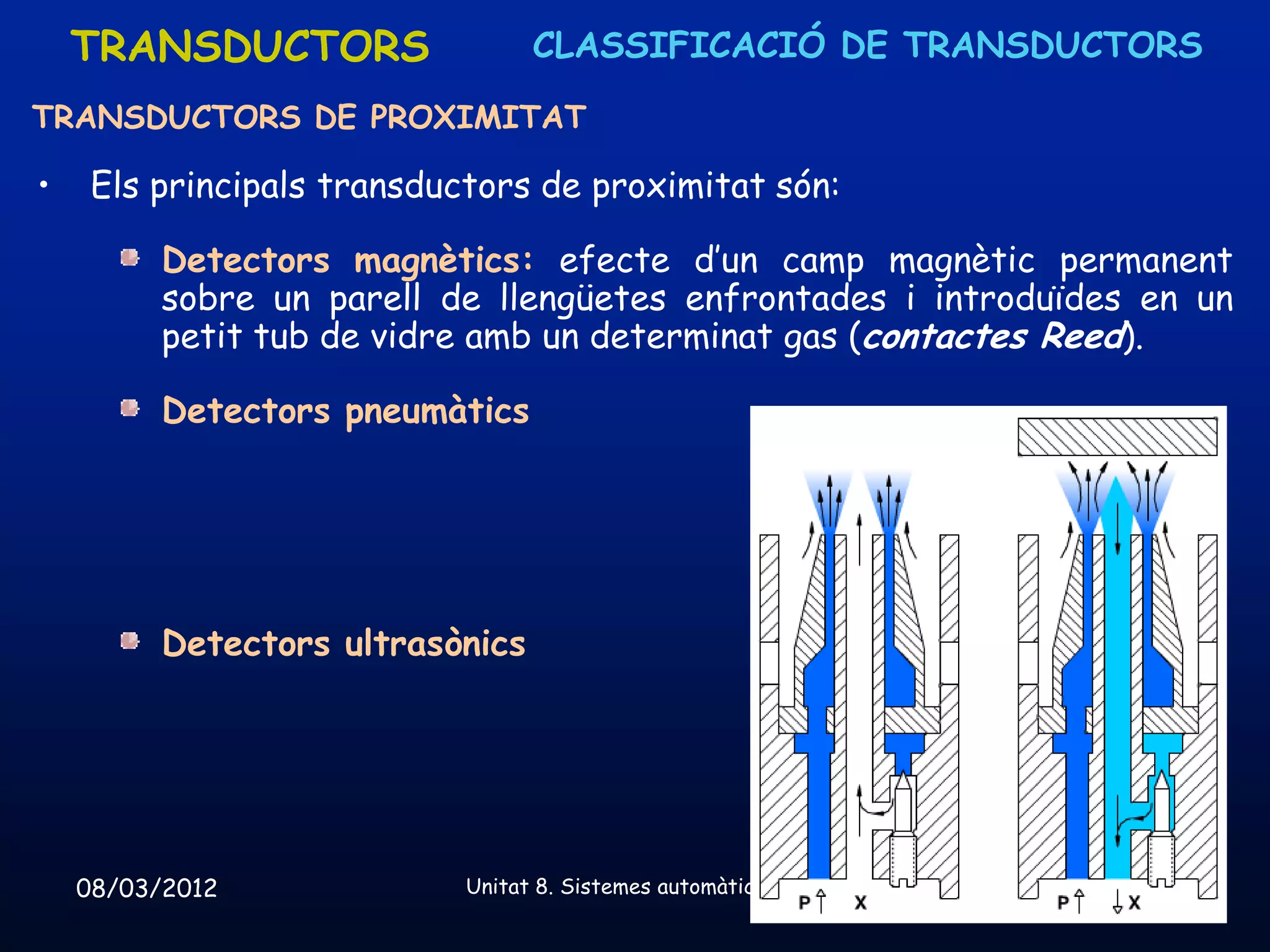 TRANSDUCTORS                  CLASSIFICACIÓ DE TRANSDUCTORS

TRANSDUCTORS DE PROXIMITAT

•    Els principals transductors de proximitat són:

          Detectors magnètics: efecte d’un camp magnètic permanent
          sobre un parell de llengüetes enfrontades i introduïdes en un
          petit tub de vidre amb un determinat gas (contactes Reed).

          Detectors pneumàtics




          Detectors ultrasònics




    08/03/2012              Unitat 8. Sistemes automàtics i de control   68
 