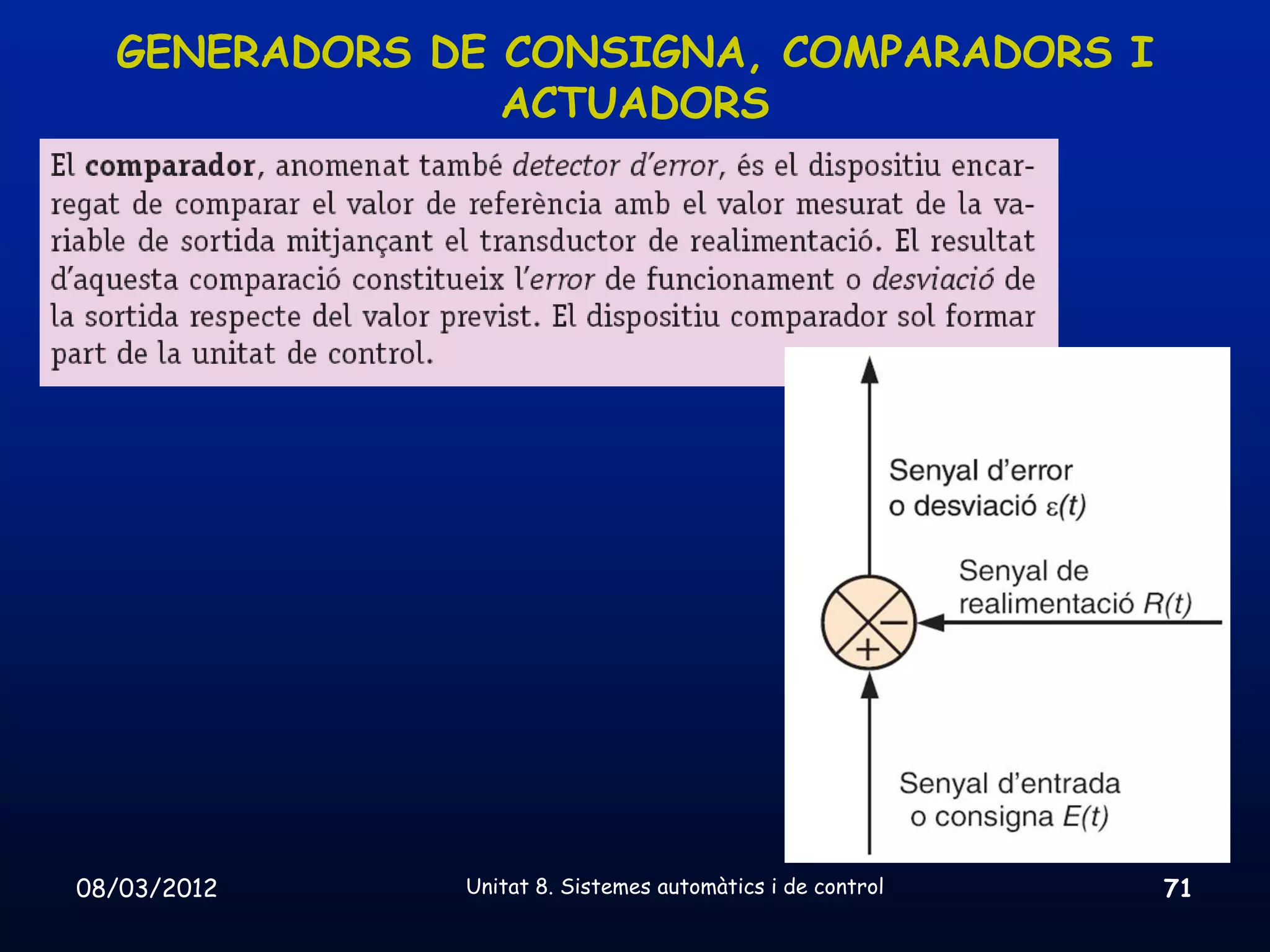 GENERADORS DE CONSIGNA, COMPARADORS I
                ACTUADORS




08/03/2012    Unitat 8. Sistemes automàtics i de control   71
 