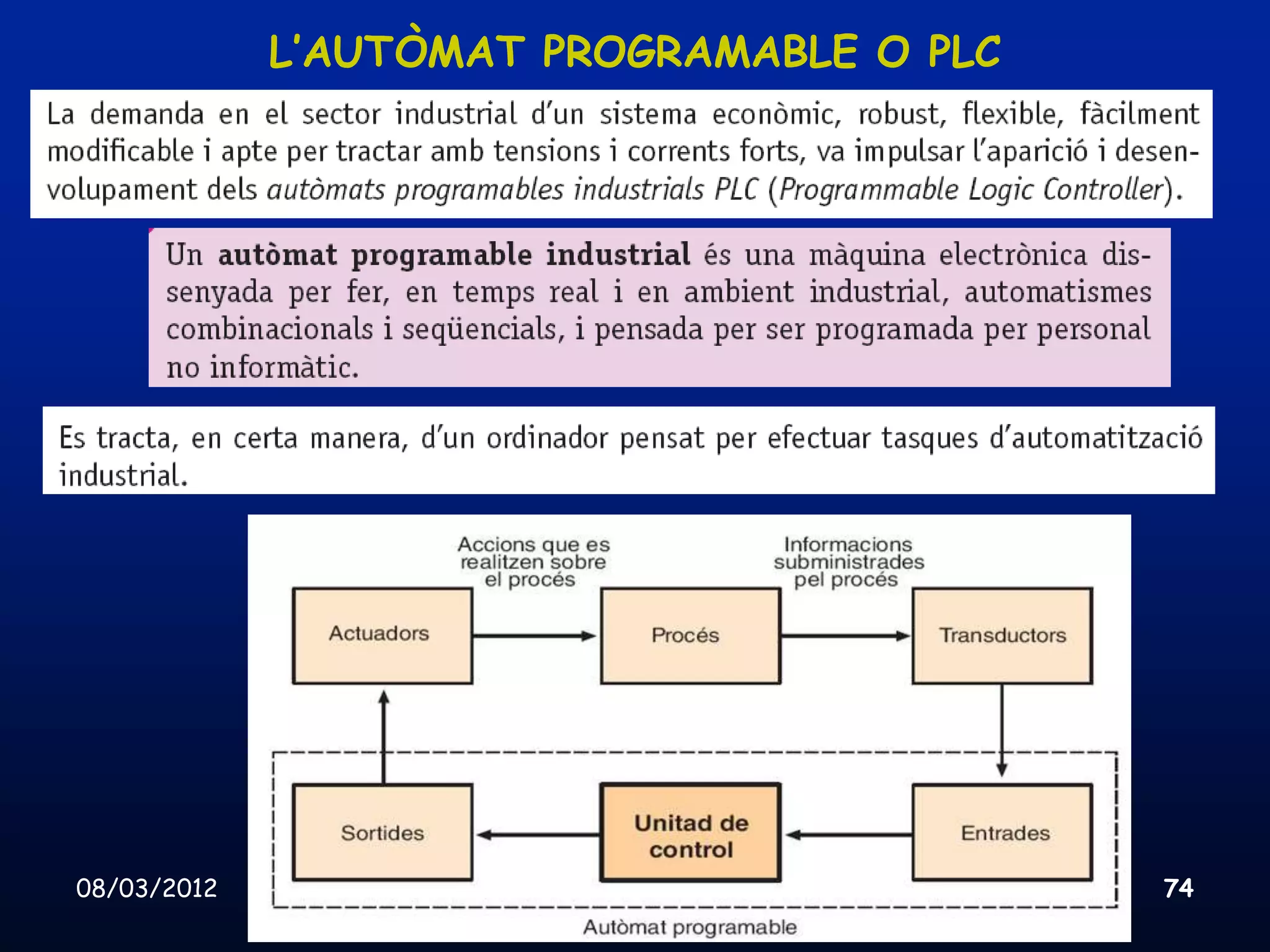 L’AUTÒMAT PROGRAMABLE O PLC




08/03/2012          Unitat 8. Sistemes automàtics i de control   74
 