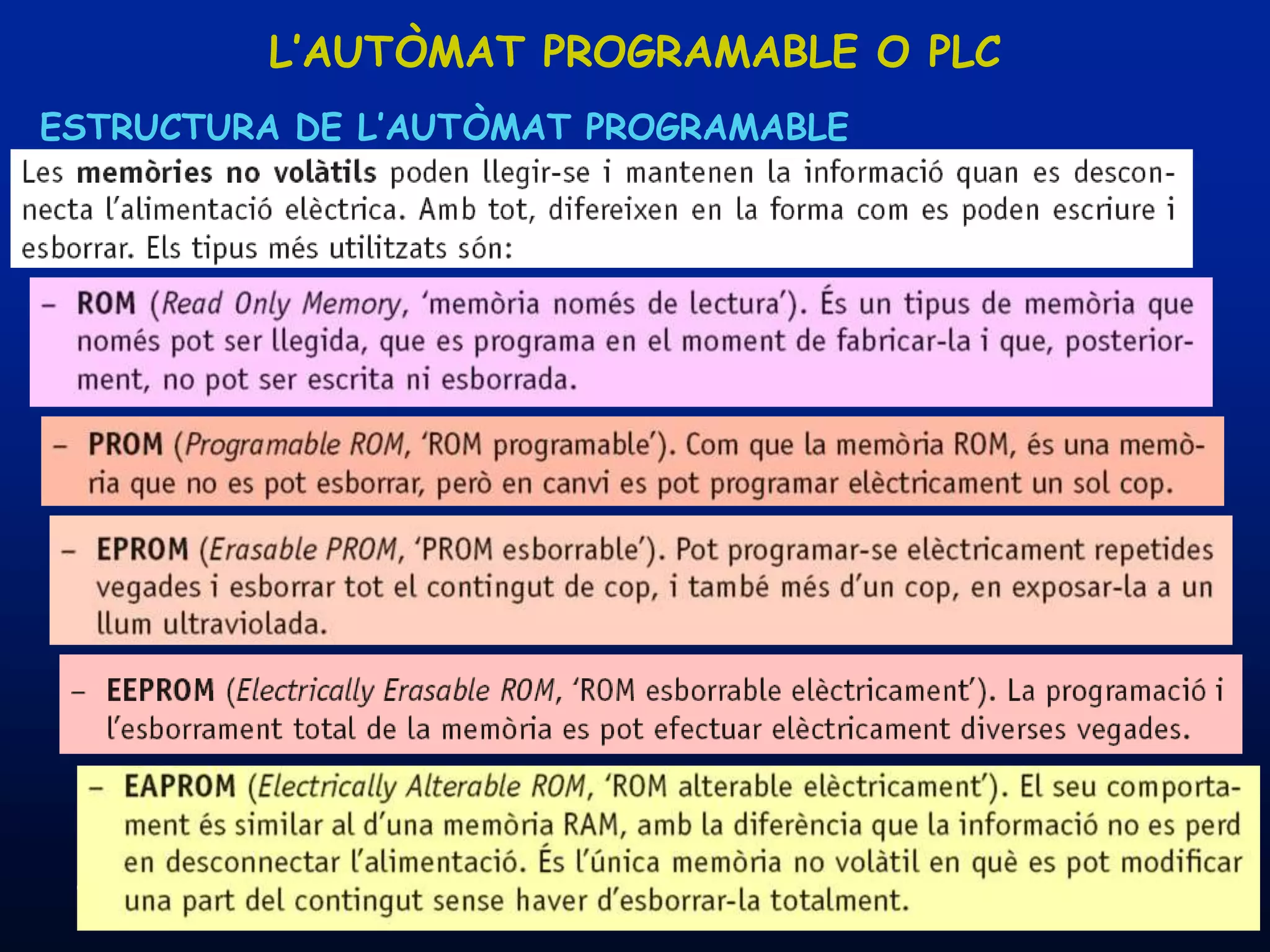 L’AUTÒMAT PROGRAMABLE O PLC
ESTRUCTURA DE L’AUTÒMAT PROGRAMABLE




 08/03/2012          Unitat 8. Sistemes automàtics i de control   87
 