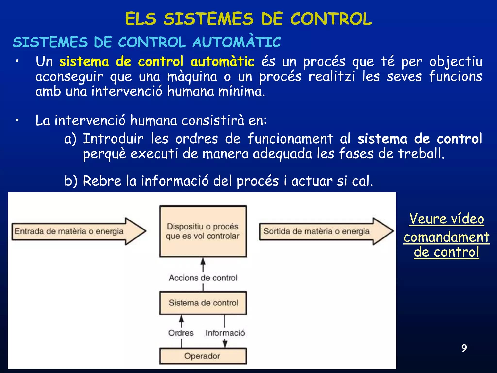 ELS SISTEMES DE CONTROL
SISTEMES DE CONTROL AUTOMÀTIC
• Un sistema de control automàtic és un procés que té per objectiu
   aconseguir que una màquina o un procés realitzi les seves funcions
   amb una intervenció humana mínima.

•    La intervenció humana consistirà en:
          a) Introduir les ordres de funcionament al sistema de control
             perquè executi de manera adequada les fases de treball.
          b) Rebre la informació del procés i actuar si cal.

                                                                           Veure vídeo
                                                                          comandament
                                                                            de control




    08/03/2012               Unitat 8. Sistemes automàtics i de control           9
 