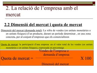 2. La relació de l’empresa amb el mercat 2.2 Dimensió del mercat i quota de mercat Dimensió del mercat (demanda total) : La xifra de vendes (en unitats monetàries o en unitats físiques) d’un producte, durant un període determinat , en una zona concreta, per al conjunt d’empreses que els comercialitzen Quota de mercat : la participació d’una empresa   en el valor total de les vendes (en unitats monetàries o en unitats físiques), expressada en percentatge Quota de mercat =  Vendes de l’empresa o demanda d’empresa Dimensió del mercat   X 100 