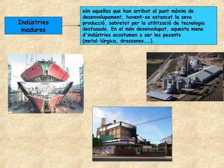són aquelles que han arribat al punt màxim de
             desenvolupament, havent-se estancat la seva
Indústries   producció, sobretot per la utilització de tecnologia
 madures     desfasada. En el món desenvolupat, aquesta mena
             d'indústries acostumen a ser les pesants
             (metal·lúrgica, drassanes...).
 