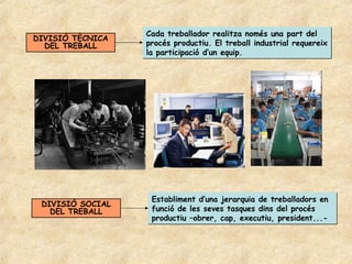 Cada treballador realitza només una part del
DIVISIÓ TÈCNICA
  DEL TREBALL     procés productiu. El treball industrial requereix
                  la participació d’un equip.




                   Establiment d’una jerarquia de treballadors en
 DIVISIÓ SOCIAL
   DEL TREBALL     funció de les seves tasques dins del procés
                   productiu –obrer, cap, executiu, president...-
 