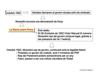 octubre 1922            feixistes demanen al govern duresa amb els sindicats


        Mussolini anuncia una demostració de força


  La Marxa sobre Roma        Èxit relatiu
                             El 28 d’octubre de 1922 Víctor Manuel III nomena
                             Mussolini cap del govern (mesura legal, gràcies a
                             les pressions del rei i l’exèrcit)



Octubre 1922, Mussolini cap de govern, continuant amb la legalitat liberal
        - Presideix un govern de coalició, amb 4 ministres del PNF
        - Rep del Parlament poders extraordinaris per un any
        - Fasci, passen a ser una milícia voluntària de l’Estat



                                                                    C.Aranda & J.Manero
 