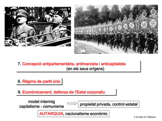 7. Concepció antiparlamentària, antimarxista i anticapitalista
                         (en els seus orígens)


8. Règims de partit únic

9. Econòmicament, defensa de l’Estat corporatiu

     model intermig
                                   propietat privada, control estatal
capitalisme - comunisme
            AUTARQUIA, nacionalisme econòmic
                                                                  C.Aranda & J.Manero
 