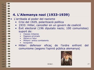 4. L’Alemanya nazi (1933-1939)
• L’arribada al poder del nazisme
   • Crisi del 1929, polarització política
   • 1933: Hitler, canceller en un govern de coalició
   • Èxit electoral (196 diputats nazis; 100 comunistes)
      suport de:
      •   Classes mitjanes
      •   Pagesos arruïnats
      •   Obrers a l’atur
      •   Militars i antics combatents
      •   burguesia
   • Hitler: defensor eficaç de l’ordre enfront      del
     comunisme (segons l’opinió pública alemanya)




                                    H.M.C.             17
 