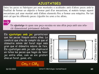 AJUSTATGES




Els ajustatges amb joc garanteixen
que les peces llisquin entre elles. La
condició que s’ha de complir és que el
diàmetre mínim del forat sigui més
gran que el diàmetre màxim de l’eix.
Els ajustatges amb joc són d’aplicació
en totes les peces que hagin de tenir
joc entre elles, com un eix giratori
dins un forat, guies, etc.

               CmF > CME
 16/12/2011                   Unitat 9. Metrologia i normalització   60
 