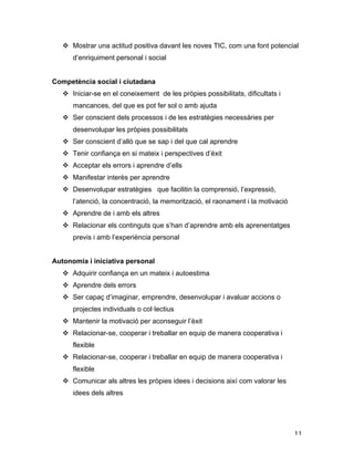   11	
  
v Mostrar una actitud positiva davant les noves TIC, com una font potencial
d’enriquiment personal i social
Competència social i ciutadana
v Iniciar-se en el coneixement de les pròpies possibilitats, dificultats i
mancances, del que es pot fer sol o amb ajuda
v Ser conscient dels processos i de les estratègies necessàries per
desenvolupar les pròpies possibilitats
v Ser conscient d’allò que se sap i del que cal aprendre
v Tenir confiança en si mateix i perspectives d’èxit
v Acceptar els errors i aprendre d’ells
v Manifestar interès per aprendre
v Desenvolupar estratègies que facilitin la comprensió, l’expressió,
l’atenció, la concentració, la memorització, el raonament i la motivació
v Aprendre de i amb els altres
v Relacionar els continguts que s’han d’aprendre amb els aprenentatges
previs i amb l’experiència personal
Autonomia i iniciativa personal
v Adquirir confiança en un mateix i autoestima
v Aprendre dels errors
v Ser capaç d’imaginar, emprendre, desenvolupar i avaluar accions o
projectes individuals o col·lectius
v Mantenir la motivació per aconseguir l’èxit
v Relacionar-se, cooperar i treballar en equip de manera cooperativa i
flexible
v Relacionar-se, cooperar i treballar en equip de manera cooperativa i
flexible
v Comunicar als altres les pròpies idees i decisions així com valorar les
idees dels altres
 