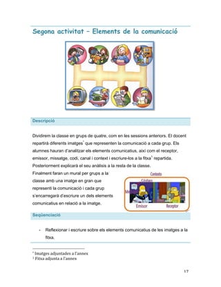   17	
  
Segona activitat – Elements de la comunicació
Descripció
Dividirem la classe en grups de quatre, com en les sessions anteriors. El docent
repartirà diferents imatges*
que representen la comunicació a cada grup. Els
alumnes hauran d’analitzar els elements comunicatius, així com el receptor,
emissor, missatge, codi, canal i context i escriure-los a la fitxa1
repartida.
Posteriorment explicarà el seu anàlisis a la resta de la classe.
Finalment faran un mural per grups a la
classe amb una imatge en gran que
representi la comunicació i cada grup
s’encarregarà d’escriure un dels elements
comunicatius en relació a la imatge.
Seqüenciació
- Reflexionar i escriure sobre els elements comunicatius de les imatges a la
fitxa.
	
  	
  	
  	
  	
  	
  	
  	
  	
  	
  	
  	
  	
  	
  	
  	
  	
  	
  	
  	
  	
  	
  	
  	
  	
  	
  	
  	
  	
  	
  	
  	
  	
  	
  	
  	
  	
  	
  	
  	
  	
  	
  	
  	
  	
  	
  	
  	
  	
  	
  	
  	
  	
  	
  	
  	
  
*	
  Imatges	
  adjuntades	
  a	
  l’annex	
  
1	
  Fitxa	
  adjunta	
  a	
  l’annex	
  
 
