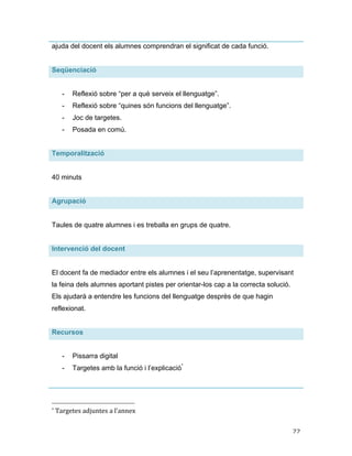   22	
  
ajuda del docent els alumnes comprendran el significat de cada funció.
Seqüenciació
- Reflexió sobre “per a què serveix el llenguatge”.
- Reflexió sobre “quines són funcions del llenguatge”.
- Joc de targetes.
- Posada en comú.
Temporalització
40 minuts
Agrupació
Taules de quatre alumnes i es treballa en grups de quatre.
Intervenció del docent
El docent fa de mediador entre els alumnes i el seu l’aprenentatge, supervisant
la feina dels alumnes aportant pistes per orientar-los cap a la correcta solució.
Els ajudarà a entendre les funcions del llenguatge desprès de que hagin
reflexionat.
Recursos
- Pissarra digital
- Targetes amb la funció i l’explicació*
	
  	
  	
  	
  	
  	
  	
  	
  	
  	
  	
  	
  	
  	
  	
  	
  	
  	
  	
  	
  	
  	
  	
  	
  	
  	
  	
  	
  	
  	
  	
  	
  	
  	
  	
  	
  	
  	
  	
  	
  	
  	
  	
  	
  	
  	
  	
  	
  	
  	
  	
  	
  	
  	
  	
  	
  
*	
  Targetes	
  adjuntes	
  a	
  l’annex	
  
 