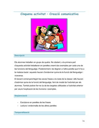   24	
  
Cinquena activitat – Creació comunicativa
Descripció
Els alumnes treballen en grups de quatre. No obstant, a la primera part
d’aquesta activitat treballaran en parelles creant dos exemples per cada una de
les funcions del llenguatge. Posteriorment, les llegiran a l’altra parella que hi ha a
la mateixa taula i aquests hauran d’endevinar quina és la funció del llenguatge i
viceversa.
El docent començarà llegint les seves frases a la resta de la classe i ells hauran
d’esbrinar quina és la funció del llenguatge, fent de model de l’activitat per als
alumnes. També podran fer-ne ús de les targetes utilitzades a l’activitat anterior
per veure l’explicació de les funcions i exemples.
Seqüenciació
- Escriptura en parelles de les frases
- Lectura i endevinalla de les altres parelles
Temporalització
 