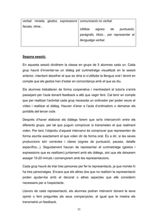 11
verbal: mirada, gestos, expressions
facials, ritme...
comunicació no verbal.
Utilitza signes de puntuació,
paràgrafs, títols... per representar el
llenguatge verbal.
Segona sessió:
En aquesta sessió dividirem la classe en grups de 5 alumnes cada un. Cada
grup haurà d’inventar-se un diàleg pel curtmetratge visualitzat en la sessió
anterior, intentant desxifrar el que es diria si s’utilitzés la llengua oral i tenint en
compte que els gestos han d’estar en concordança amb el que es diu.
Els alumnes treballaran de forma cooperativa i mentrestant el tutor/a s’anirà
passejant per l’aula donant feedback a allò que vagin fent. Cal tenir en compte
que per realitzar l’activitat cada grup necessita un ordinador per poder veure el
vídeo i realitzar el diàleg. Hauran d’anar a l’aula d’ordinadors o demanar els
portàtils del tercer cicle.
Després d’haver elaborat els diàlegs farem que se’ls intercanviïn entre els
diferents grups, per tal que puguin comprovar si transmeten el que realment
volen. Per tant, l’objectiu d’aquest intercanvi és comprovar que representen de
forma escrita exactament el que volen dir de forma oral. És a dir, si les seves
produccions són correctes i clares (signes de puntuació, pauses, detalls
específics...). Seguidament hauran de representar el curtmetratge (gestos i
expressions que es realitzen) juntament amb els diàlegs, així que els deixarem
assajar 15-20 minuts i començarem amb les representacions.
Cada grup haurà de triar tres persones per fer la representació, ja que només hi
ha tres personatges. Encara que els altres dos que no realitzin la representació
poden ajudar-los amb el decorat o altres aspectes que ells considerin
necessaris per a l’espectacle.
Llavors de cada representació, els alumnes podran intervenir donant la seva
opinió o fent preguntes als seus companys/es, al igual que la mestra els
transmetrà un feedback.
 