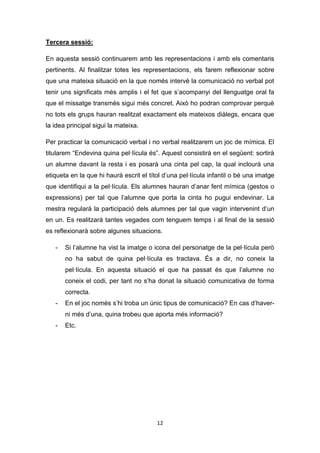 12
Tercera sessió:
En aquesta sessió continuarem amb les representacions i amb els comentaris
pertinents. Al finalitzar totes les representacions, els farem reflexionar sobre
que una mateixa situació en la que només intervé la comunicació no verbal pot
tenir uns significats més amplis i el fet que s’acompanyi del llenguatge oral fa
que el missatge transmès sigui més concret. Això ho podran comprovar perquè
no tots els grups hauran realitzat exactament els mateixos diàlegs, encara que
la idea principal sigui la mateixa.
Per practicar la comunicació verbal i no verbal realitzarem un joc de mímica. El
titularem “Endevina quina pel·lícula és”. Aquest consistirà en el següent: sortirà
un alumne davant la resta i es posarà una cinta pel cap, la qual inclourà una
etiqueta en la que hi haurà escrit el títol d’una pel·lícula infantil o bé una imatge
que identifiqui a la pel·lícula. Els alumnes hauran d’anar fent mímica (gestos o
expressions) per tal que l’alumne que porta la cinta ho pugui endevinar. La
mestra regularà la participació dels alumnes per tal que vagin intervenint d’un
en un. Es realitzarà tantes vegades com tenguem temps i al final de la sessió
es reflexionarà sobre algunes situacions.
- Si l’alumne ha vist la imatge o icona del personatge de la pel·lícula però
no ha sabut de quina pel·lícula es tractava. És a dir, no coneix la
pel·lícula. En aquesta situació el que ha passat és que l’alumne no
coneix el codi, per tant no s’ha donat la situació comunicativa de forma
correcta.
- En el joc només s’hi troba un únic tipus de comunicació? En cas d’haver-
ni més d’una, quina trobeu que aporta més informació?
- Etc.
 