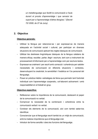 4
un metallenguatge que faciliti la comunicació a l'aula
durant el procés d'aprenentatge i que serveixi de
suport per a l'aprenentatge d'altres llengües.” (Decret
72/ 2008, de 27 de Juny).
2. Objectius
Objectius generals:
- Utilitzar la llengua per relacionar-se i per expressar-se de manera
adequada en l’activitat social i cultural, per participar en diverses
situacions de comunicació aplicant les regles bàsiques de comunicació.
- Utilitzar les destreses lingüístiques bàsiques de la llengua catalana de
manera eficaç: escoltar, parlar, llegir i escriure, tant com a instrument de
processament d’informació per a l’aprenentatge com per escriure textos.
- Expressar-se oralment i per escrit amb correcció i coherència per satisfer
necessitats de comunicació en diferents situacions i contextos,
desenvolupant la creativitat, la sensibilitat i l’estètica en l’ús personal del
llenguatge.
- Posar en pràctica hàbits i estratègies de feina que permetin tant l'activitat
individual com l’aprenentatge cooperatiu, col·laborant activament i amb
responsabilitat en el treball en grup.
Objectius específics:
- Reflexionar sobre la importància de la comunicació, destacant el paper
de la comunicació no verbal.
- Comprovar la necessitat de la combinació i coherència entre la
comunicació verbal i no verbal.
- Conèixer els elements de la comunicació, així com també saber-los
identificar.
- Conscienciar que el llenguatge escrit també és un mitjà de comunicació,
amb la mateixa importància que el llenguatge oral.
- Introduir de forma senzilla i clara les funcions del llenguatge.
 