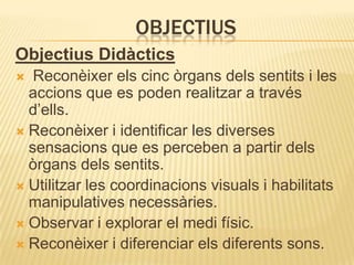 OBJECTIUS
Objectius Didàctics
  Reconèixer els cinc òrgans dels sentits i les
  accions que es poden realitzar a través
  d’ells.
 Reconèixer i identificar les diverses
  sensacions que es perceben a partir dels
  òrgans dels sentits.
 Utilitzar les coordinacions visuals i habilitats
  manipulatives necessàries.
 Observar i explorar el medi físic.
 Reconèixer i diferenciar els diferents sons.
 