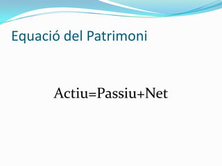Equació del PatrimoniActiu=Passiu+Net
