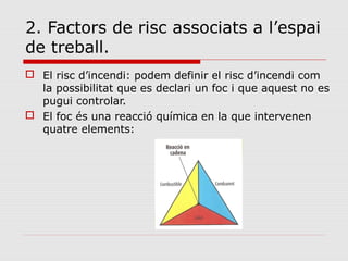 2. Factors de risc associats a l’espai
de treball.
 El risc d’incendi: podem definir el risc d’incendi com
la possibilitat que es declari un foc i que aquest no es
pugui controlar.
 El foc és una reacció química en la que intervenen
quatre elements:
 