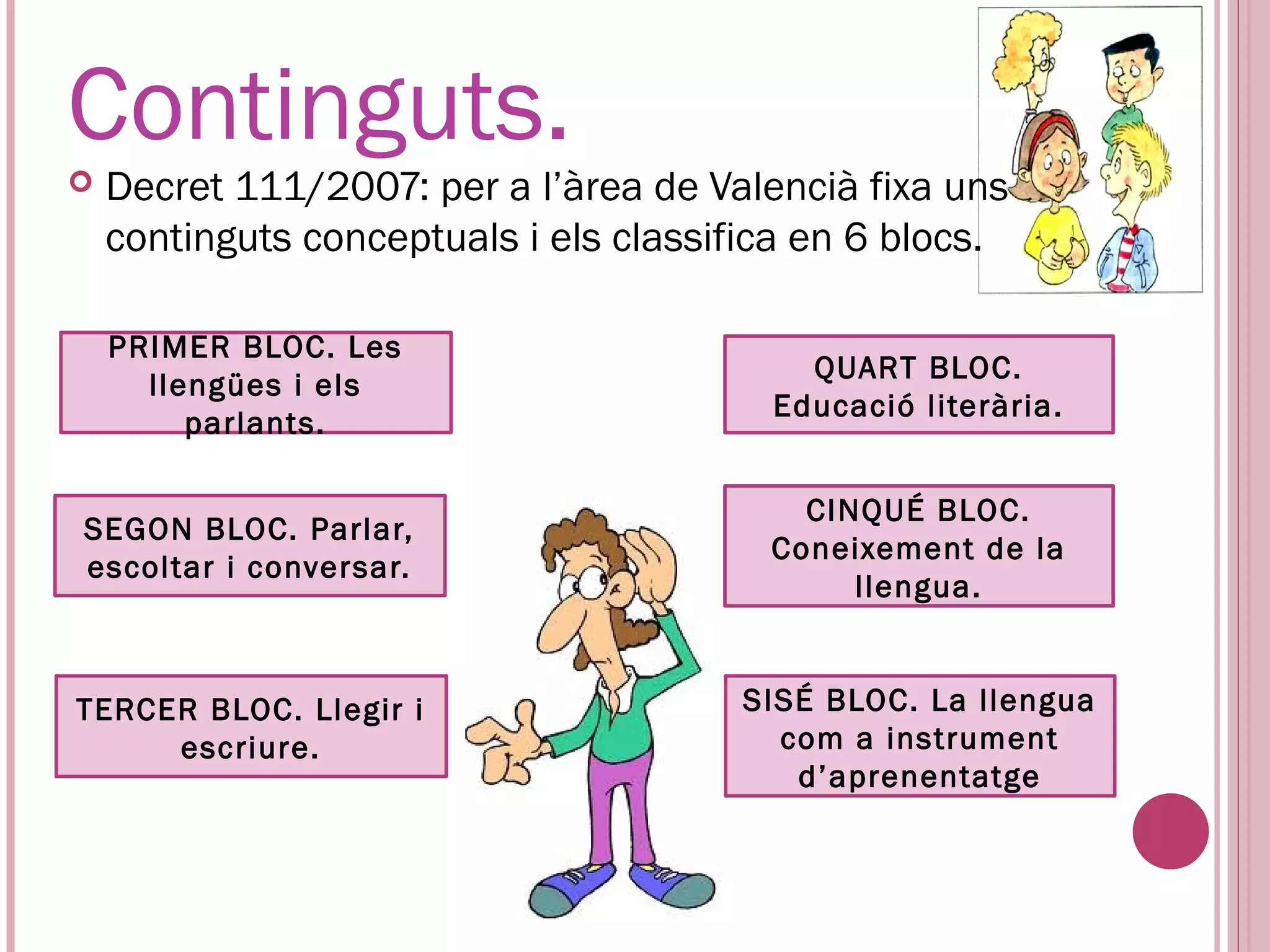 Continguts.
   Decret 111/2007: per a l’àrea de Valencià fixa uns
    continguts conceptuals i els classifica en 6 blocs.

    PRIMER BLOC. Les
                                           QUART BLOC.
      llengües i els
                                         Educació literària.
         parlants.

                                           CINQUÉ BLOC.
SEGON BLOC. Parlar,
                                         Coneixement de la
escoltar i conversar.
                                              llengua.


TERCER BLOC. Llegir i                   SISÉ BLOC. La llengua
     escriure.                            com a instrument
                                           d’aprenentatge
 