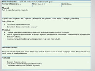Nom de l’activitat: A partir dels ninots, crear una història en petits grups.
Temporalització: 2 hores Grup: Grups de 4 Espai: Classe
Material:
Fulls de paper, llapís, goma, maquineta.
Capacitats/Competències Objectius:(referenciar els que heu posat a l’inici de la programació ):
Compètencies
➢ Competència d’aprendre a aprendre
➢ Competència d’autonomia i iniciativa personal
Objectius
➢ Observar, descobrir i processar conceptes nous a partir de visites i/o activitats pràctiques.
➢ Pensar, organitzar i escriure textos de manera implicada, expressant els pensaments i sent capaços de representar-los
de manera artística.
➢ Imaginar, manipular i elaborar projectes potenciant l’expressió i la creativitat.
Desenvolupament:
En aquesta activitat i a partir, de la creació del seu propi ninot, els alumnes hauran de crear la seva pròpia història. En aquesta, els seus
ninots, hauran de ser els protagonistes.
Avaluació :
- És creatiu (Capacitat artística)
- Escriu textos ben estructurats (capacitat comunicativa)
- Comprèn les idees principals (capacitat lingüística)
13
 