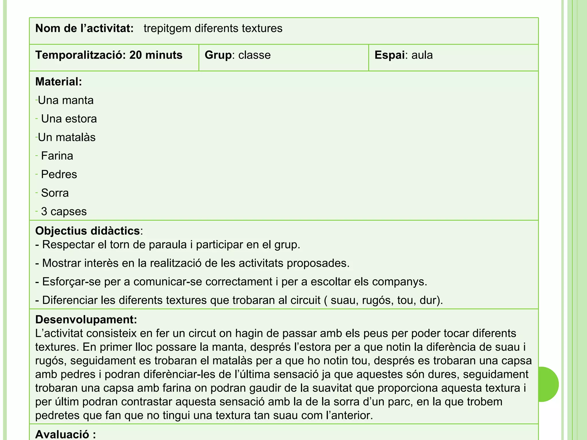 Nom de l’activitat:  trepitgem diferents textures Temporalització: 20 minuts Grup : classe Espai : aula Material: Una manta Una estora Un matalàs Farina Pedres Sorra 3 capses Objectius didàctics : - Respectar el torn de paraula i participar en el grup. - Mostrar interès en la realització de les activitats proposades. - Esforçar-se per a comunicar-se correctament i per a escoltar els companys.  - Diferenciar les diferents textures que trobaran al circuit ( suau, rugós, tou, dur). Desenvolupament: L’activitat consisteix en fer un circut on hagin de passar amb els peus per poder tocar diferents textures. En primer lloc possare la manta, després l’estora per a que notin la diferència de suau i rugós, seguidament es trobaran el matalàs per a que ho notin tou, després es trobaran una capsa amb pedres i podran diferènciar-les de l’última sensació ja que aquestes són dures, seguidament trobaran una capsa amb farina on podran gaudir de la suavitat que proporciona aquesta textura i per últim podran contrastar aquesta sensació amb la de la sorra d’un parc, en la que trobem pedretes que fan que no tingui una textura tan suau com l’anterior.  Avaluació : - Participar en la realització de l’activitat. Diferenciar les diferents textures  - Expressió oral 