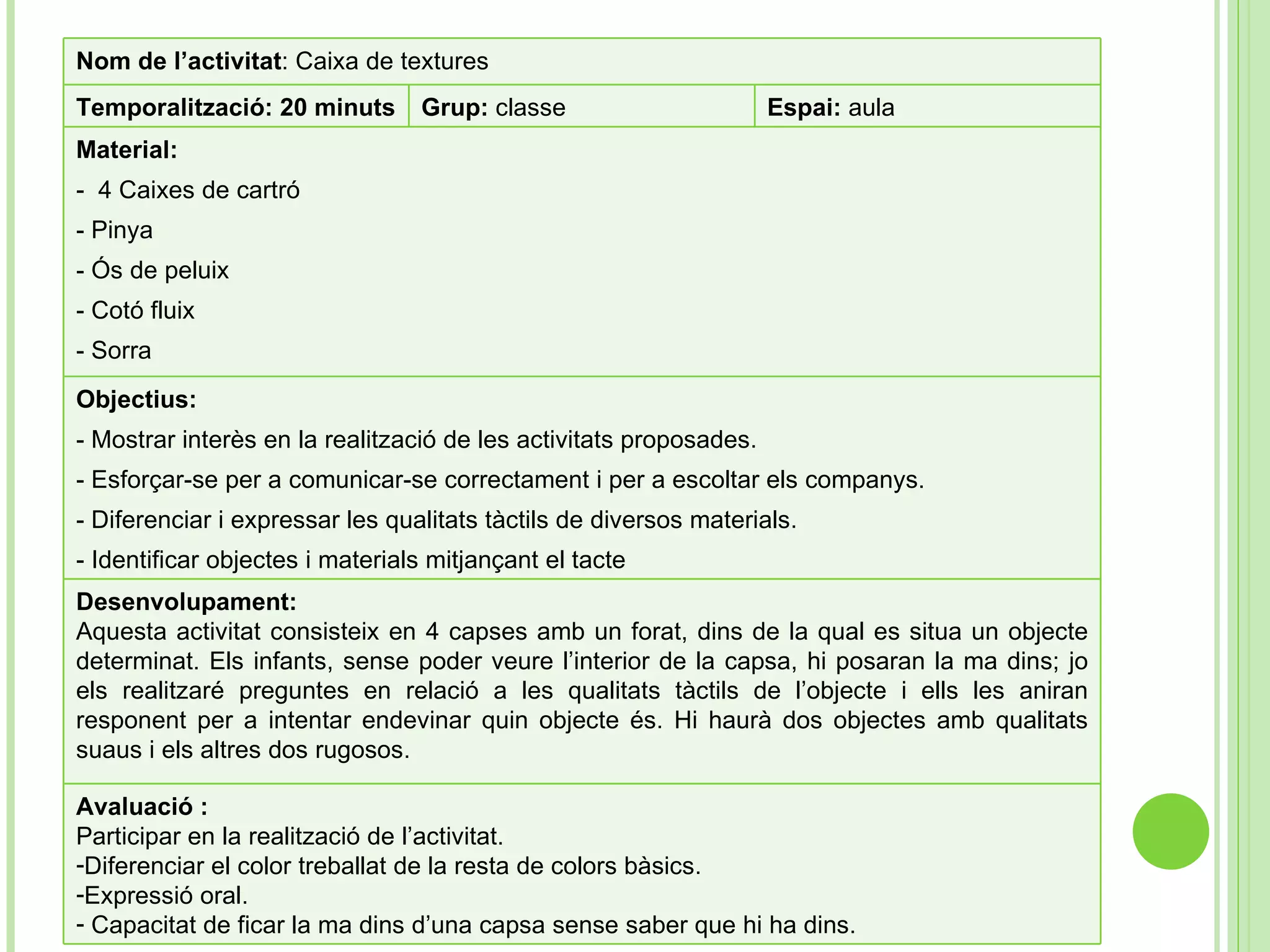 Objectius: - Mostrar interès en la realització de les activitats proposades. - Esforçar-se per a comunicar-se correctament i per a escoltar els companys.  - Diferenciar i expressar les qualitats tàctils de diversos materials. - Identificar objectes i materials mitjançant el tacte Desenvolupament: Aquesta activitat consisteix en 4 capses amb un forat, dins de la qual es situa un objecte determinat. Els infants, sense poder veure l’interior de la capsa, hi posaran la ma dins; jo els realitzaré preguntes en relació a les qualitats tàctils de l’objecte i ells les aniran responent per a intentar endevinar quin objecte és. Hi haurà dos objectes amb qualitats suaus i els altres dos rugosos. Nom de l’activitat :  Caixa de textures Temporalització: 20 minuts Grup:  classe Espai:  aula Material: -  4 Caixes de cartró - Pinya - Ós de peluix - Cotó fluix - Sorra Avaluació : Participar en la realització de l’activitat. Diferenciar el color treballat de la resta de colors bàsics. Expressió oral. Capacitat de ficar la ma dins d’una capsa sense saber que hi ha dins. 