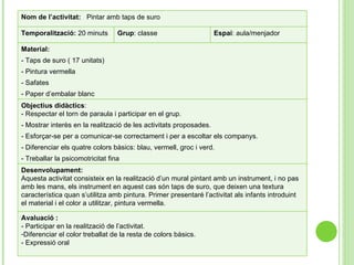 Nom de l’activitat:  Pintar amb taps de suro Temporalització:  20 minuts Grup : classe Espai : aula/menjador Material: - Taps de suro ( 17 unitats) - Pintura vermella - Safates  - Paper d’embalar blanc Objectius didàctics : - Respectar el torn de paraula i participar en el grup. - Mostrar interès en la realització de les activitats proposades. - Esforçar-se per a comunicar-se correctament i per a escoltar els companys.  - Diferenciar els quatre colors bàsics: blau, vermell, groc i verd. - Treballar la psicomotricitat fina Desenvolupament: Aquesta activitat consisteix en la realització d’un mural pintant amb un instrument, i no pas amb les mans, els instrument en aquest cas són taps de suro, que deixen una textura característica quan s’utilitza amb pintura. Primer presentaré l’activitat als infants introduint el material i el color a utilitzar, pintura vermella.  Avaluació : - Participar en la realització de l’activitat. Diferenciar el color treballat de la resta de colors bàsics. - Expressió oral 