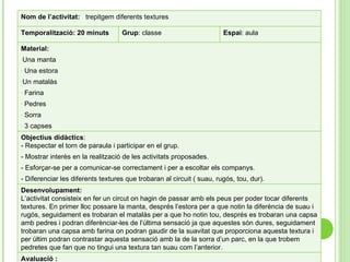 Nom de l’activitat:  trepitgem diferents textures Temporalització: 20 minuts Grup : classe Espai : aula Material: Una manta Una estora Un matalàs Farina Pedres Sorra 3 capses Objectius didàctics : - Respectar el torn de paraula i participar en el grup. - Mostrar interès en la realització de les activitats proposades. - Esforçar-se per a comunicar-se correctament i per a escoltar els companys.  - Diferenciar les diferents textures que trobaran al circuit ( suau, rugós, tou, dur). Desenvolupament: L’activitat consisteix en fer un circut on hagin de passar amb els peus per poder tocar diferents textures. En primer lloc possare la manta, després l’estora per a que notin la diferència de suau i rugós, seguidament es trobaran el matalàs per a que ho notin tou, després es trobaran una capsa amb pedres i podran diferènciar-les de l’última sensació ja que aquestes són dures, seguidament trobaran una capsa amb farina on podran gaudir de la suavitat que proporciona aquesta textura i per últim podran contrastar aquesta sensació amb la de la sorra d’un parc, en la que trobem pedretes que fan que no tingui una textura tan suau com l’anterior.  Avaluació : - Participar en la realització de l’activitat. Diferenciar les diferents textures  - Expressió oral 