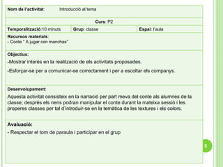 Curs : P2 Desenvolupament: Aquesta activitat consisteix en la narració per part meva del conte als alumnes de la classe; després els nens podran manipular el conte durant la mateixa sessió i les properes classes per tal d’introduir-se en la temàtica de les textures i els colors.  Recursos materials : - Conte “ A jugar con manchas” Nom de l’activitat :  Introducció al tema  Temporalització :10 minuts Grup : classe Espai : l’aula Objectius: -Mostrar interès en la realització de els activitats proposades. -Esforçar-se per a comunicar-se correctament i per a escoltar els companys.   Avaluació: - Respectar el torn de paraula i participar en el grup 