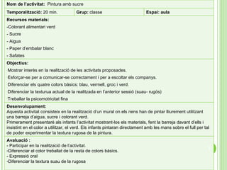 Nom de l’activitat:  Pintura amb sucre Temporalització:  20 min. Grup:  classe Espai: aula Recursos materials:  -Colorant alimentari verd - Sucre - Aigua - Paper d’embalar blanc - Safates  Objectius: Mostrar interès en la realització de les activitats proposades. Esforçar-se per a comunicar-se correctament i per a escoltar els companys. Diferenciar els quatre colors bàsics: blau, vermell, groc i verd. Diferenciar la texturua actual de la realitzada en l’anterior sessió (suau- rugós) Treballar la psicomotricitat fina Desenvolupament: Aquesta activitat consisteix en la realització d’un mural on els nens han de pintar lliurement utilitzant una barreja d’aigua, sucre i colorant verd.  Primerament presentaré als infants l’activitat mostrant-los els materials, fent la barreja davant d’ells i insistint en el color a utilitzar, el verd. Els infants pintaran directament amb les mans sobre el full per tal de poder experimentar la textura rugosa de la pintura.  Avaluació : - Participar en la realització de l’activitat. Diferenciar el color treballat de la resta de colors bàsics. - Expressió oral Diferenciar la textura suau de la rugosa 