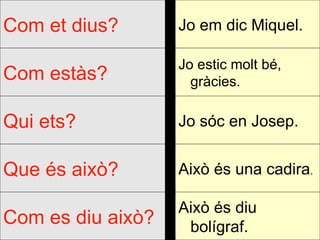 Això és diu bolígraf. Com es diu això? Això és una cadira . Que és això? Jo sóc en Josep. Qui ets? Jo estic molt bé, gràcies. Com estàs? Jo em dic Miquel. Com et dius? 