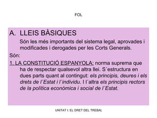 FOL LLEIS BÀSIQUES Són les més importants del sistema legal, aprovades i modificades i derogades per les Corts Generals. Són: 1. LA CONSTITUCIÓ ESPANYOLA:  norma suprema que ha de respectar qualsevol altra llei. S´estructura en dues parts quant al contingut:  els principis, deures i els drets de l´Estat i l´individu . I l´altra  els principis rectors de la política econòmica i social de l´Estat. 