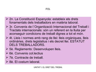 FOL 2n. La Constitució Espanyola: estableix els drets fonamentals dels treballadors en matèria laboral. 3r. Convenis de l´Organització Internacional del Treball i Tractats internacionals: són un referent en la lluita per aconseguir condicions de treball dignes a tot el món. 4t. Lleis i normes amb rang de llei: lleis orgàniques, lleis ordinàries, drets legislatius i els decret llei. ESTATUT DELS TREBALLADORS. 5è. Reglaments: Desenvolupen lleis.  6è. Convenis col.lectius 7è. Contracte de treball. 8è. El costum laboral. 