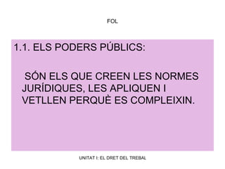 FOL 1.1. ELS PODERS PÚBLICS: SÓN ELS QUE CREEN LES NORMES JURÍDIQUES, LES APLIQUEN I VETLLEN PERQUÈ ES COMPLEIXIN. 