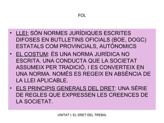 FOL LLEI:  SÓN NORMES JURÍDIQUES ESCRITES DIFOSES EN BUTLLETINS OFICIALS (BOE, DOGC) ESTATALS COM PROVINCIALS, AUTÒNOMICS EL COSTUM : ÉS UNA NORMA JURÍDICA NO ESCRITA. UNA CONDUCTA QUE LA SOCIETAT ASSUMEIX PER TRADICIÓ, I ES CONVERTEIX EN UNA NORMA. NOMÉS ES REGEIX EN ABSÈNCIA DE LA LLEI APLICABLE. ELS PRINCIPIS GENERALS DEL DRET : UNA SÈRIE DE REGLES QUE EXPRESSEN LES CREENCES DE LA SOCIETAT. 
