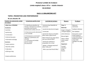 Proiectul unității de învățare
Limba engleză clasa a VI-a – studiu intensiv
Ed.ArtKlett
Unit 4- A BALANCING ACT
TOPIC: PRIORITIES AND PERFORMANCE
Nr.ore alocate: 9h
Detalieri ale conţinuturilor unităţii
de învăţare
Competenţe specifice vizate Activităţi de învăţare Resurse Evaluare
1.Main focus: SPEAKING
Vocabulary:
• priorities
• performing
• conversation
• informal discussion
• information exchange
Functions:
• express opinions
• describe a photo
• make plans
• offering to help
• express preferences
1.2 Identificarea detaliilor din
mesaje și interacţiuni pe subiecte
previzibile când locutorii
/interlocutorii vorbesc clar și rar
2.2 Descrierea scurtă, elementară
a unor activități
2.4 Participarea la conversaţii în
legătură cu planificarea unor
activităţi
2.1. Formularea de întrebări
potrivit situaţiei
de comunicare
-brainstorming: Modalități de
comunicare
-exerciţii de descriere de imagini
-conversație
-exerciţii de răspuns la întrebări:
What makes a good friend?
Which things do you argue about
with your parents?Why?
-exerciţii de combinare a
propoziţiilor într-o frază
-debate: Is sleeping important?
Why? / Why not?
- Who is your best friend? Why?
Timp: 2h
Materiale:
Imagini / fotografii
/ fotografii digitale
online dictionary
Manual digital
Video on What
makes a good
friend
Organizare:
Frontală
Individual
Grupe
Perechi
Observare
sistematică
Feedback individual
Peer feedback
Tema pentru acasă –
Proiect prepare a
conversationabout a
problema you have,
using Useful
language from page
54
 