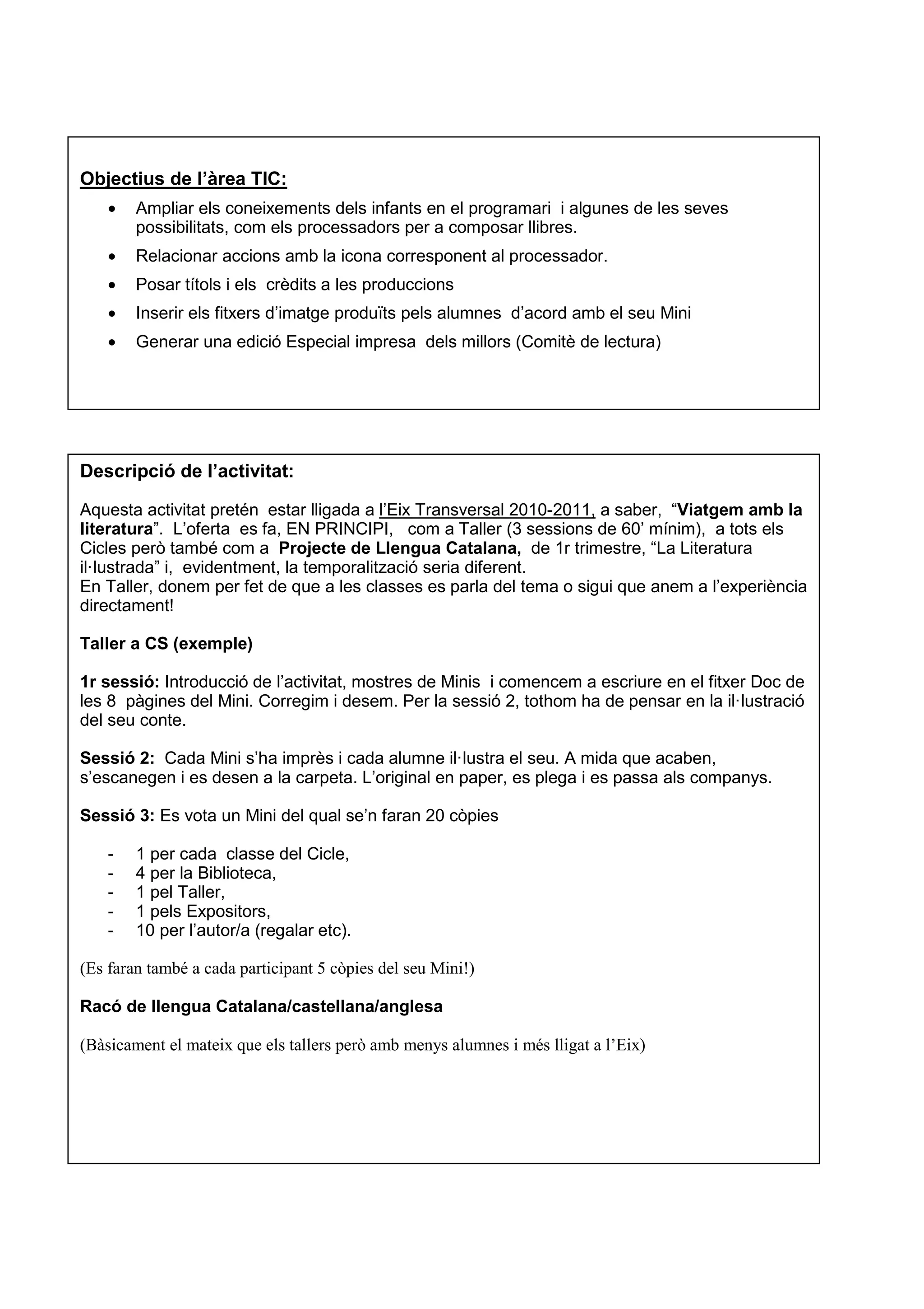 Descripció de l’activitat:
Aquesta activitat pretén estar lligada a l’Eix Transversal 2010-2011, a saber, “Viatgem amb la
literatura”. L’oferta es fa, EN PRINCIPI, com a Taller (3 sessions de 60’ mínim), a tots els
Cicles però també com a Projecte de Llengua Catalana, de 1r trimestre, “La Literatura
il·lustrada” i, evidentment, la temporalització seria diferent.
En Taller, donem per fet de que a les classes es parla del tema o sigui que anem a l’experiència
directament!
Taller a CS (exemple)
1r sessió: Introducció de l’activitat, mostres de Minis i comencem a escriure en el fitxer Doc de
les 8 pàgines del Mini. Corregim i desem. Per la sessió 2, tothom ha de pensar en la il·lustració
del seu conte.
Sessió 2: Cada Mini s’ha imprès i cada alumne il·lustra el seu. A mida que acaben,
s’escanegen i es desen a la carpeta. L’original en paper, es plega i es passa als companys.
Sessió 3: Es vota un Mini del qual se’n faran 20 còpies
- 1 per cada classe del Cicle,
- 4 per la Biblioteca,
- 1 pel Taller,
- 1 pels Expositors,
- 10 per l’autor/a (regalar etc).
(Es faran també a cada participant 5 còpies del seu Mini!)
Racó de llengua Catalana/castellana/anglesa
(Bàsicament el mateix que els tallers però amb menys alumnes i més lligat a l’Eix)
Objectius de l’àrea TIC:
• Ampliar els coneixements dels infants en el programari i algunes de les seves
possibilitats, com els processadors per a composar llibres.
• Relacionar accions amb la icona corresponent al processador.
• Posar títols i els crèdits a les produccions
• Inserir els fitxers d’imatge produïts pels alumnes d’acord amb el seu Mini
• Generar una edició Especial impresa dels millors (Comitè de lectura)
 