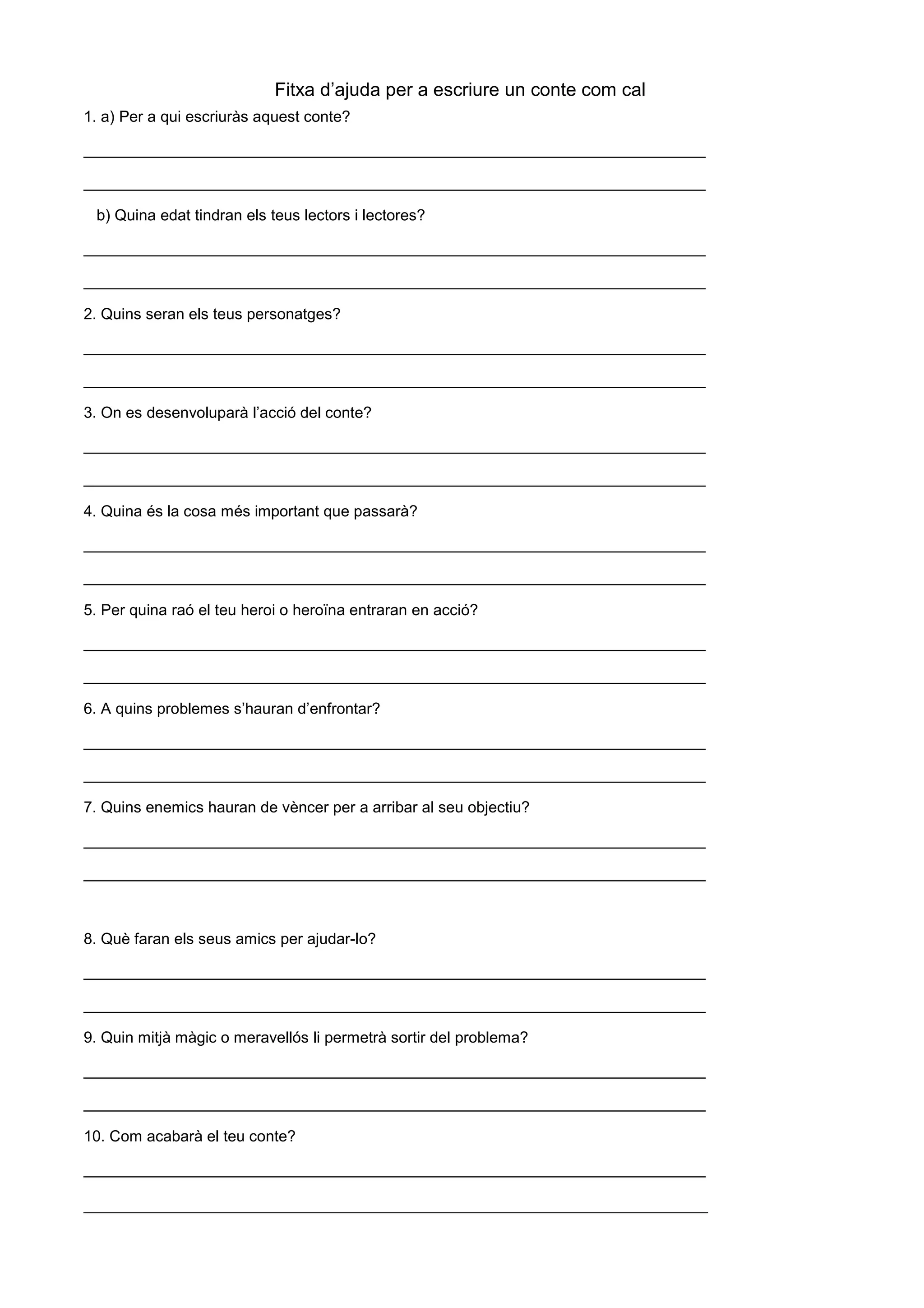 Fitxa d’ajuda per a escriure un conte com cal
1. a) Per a qui escriuràs aquest conte?
________________________________________________________________________
________________________________________________________________________
b) Quina edat tindran els teus lectors i lectores?
________________________________________________________________________
________________________________________________________________________
2. Quins seran els teus personatges?
________________________________________________________________________
________________________________________________________________________
3. On es desenvoluparà l’acció del conte?
________________________________________________________________________
________________________________________________________________________
4. Quina és la cosa més important que passarà?
________________________________________________________________________
________________________________________________________________________
5. Per quina raó el teu heroi o heroïna entraran en acció?
________________________________________________________________________
________________________________________________________________________
6. A quins problemes s’hauran d’enfrontar?
________________________________________________________________________
________________________________________________________________________
7. Quins enemics hauran de vèncer per a arribar al seu objectiu?
________________________________________________________________________
________________________________________________________________________
8. Què faran els seus amics per ajudar-lo?
________________________________________________________________________
________________________________________________________________________
9. Quin mitjà màgic o meravellós li permetrà sortir del problema?
________________________________________________________________________
________________________________________________________________________
10. Com acabarà el teu conte?
________________________________________________________________________
___________________________________________________________________
 