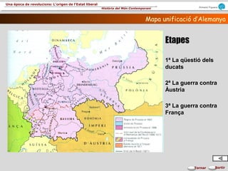 Armand Figuera
Història del Món Contemporani
Una època de revolucions: L’origen de l’Estat liberal
SortirTornar
Mapa unificació d’AlemanyaMapa unificació d’Alemanya
Etapes
3ª La guerra contra
França
2ª La guerra contra
Àustria
1ª La qüestió dels
ducats
 