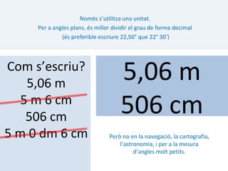 Només s’utilitza una unitat.
     Per a angles plans, és millor dividir el grau de forma decimal
              (és preferible escriure 22,50° que 22° 30 ′)




Com s’escriu?
    5,06 m
                                      5,06 m
   5 m 6 cm
    506 cm
                                      506 cm
5 m 0 dm 6 cm                    Però no en la navegació, la cartografia,
                                     l’astronomia, i per a la mesura
                                           d’angles molt petits.
 