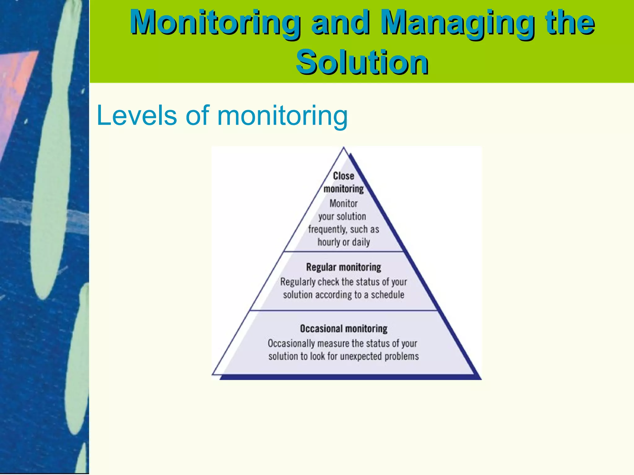 Monitoring and Managing the
            Solution
Levels of monitoring
 