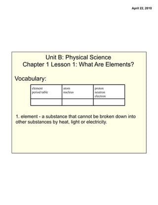 April 22, 2010




           Unit B: Physical Science
   Chapter 1 Lesson 1: What Are Elements?

Vocabulary:
       element        atom          proton
       period table   nucleus       neutron
                                    electron




1. element - a substance that cannot be broken down into
other substances by heat, light or electricity.
 