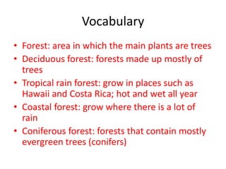 Vocabulary
• Forest: area in which the main plants are trees
• Deciduous forest: forests made up mostly of
trees
• Tropical rain forest: grow in places such as
Hawaii and Costa Rica; hot and wet all year
• Coastal forest: grow where there is a lot of
rain
• Coniferous forest: forests that contain mostly
evergreen trees (conifers)
 