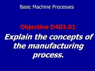 Basic Machine Processes
Objective D403.01
Explain the concepts of
the manufacturing
process.
 