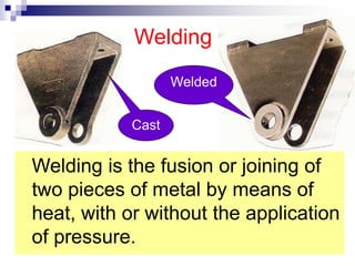 Welding
Welding is the fusion or joining of
two pieces of metal by means of
heat, with or without the application
of pressure.
Cast
Welded
 