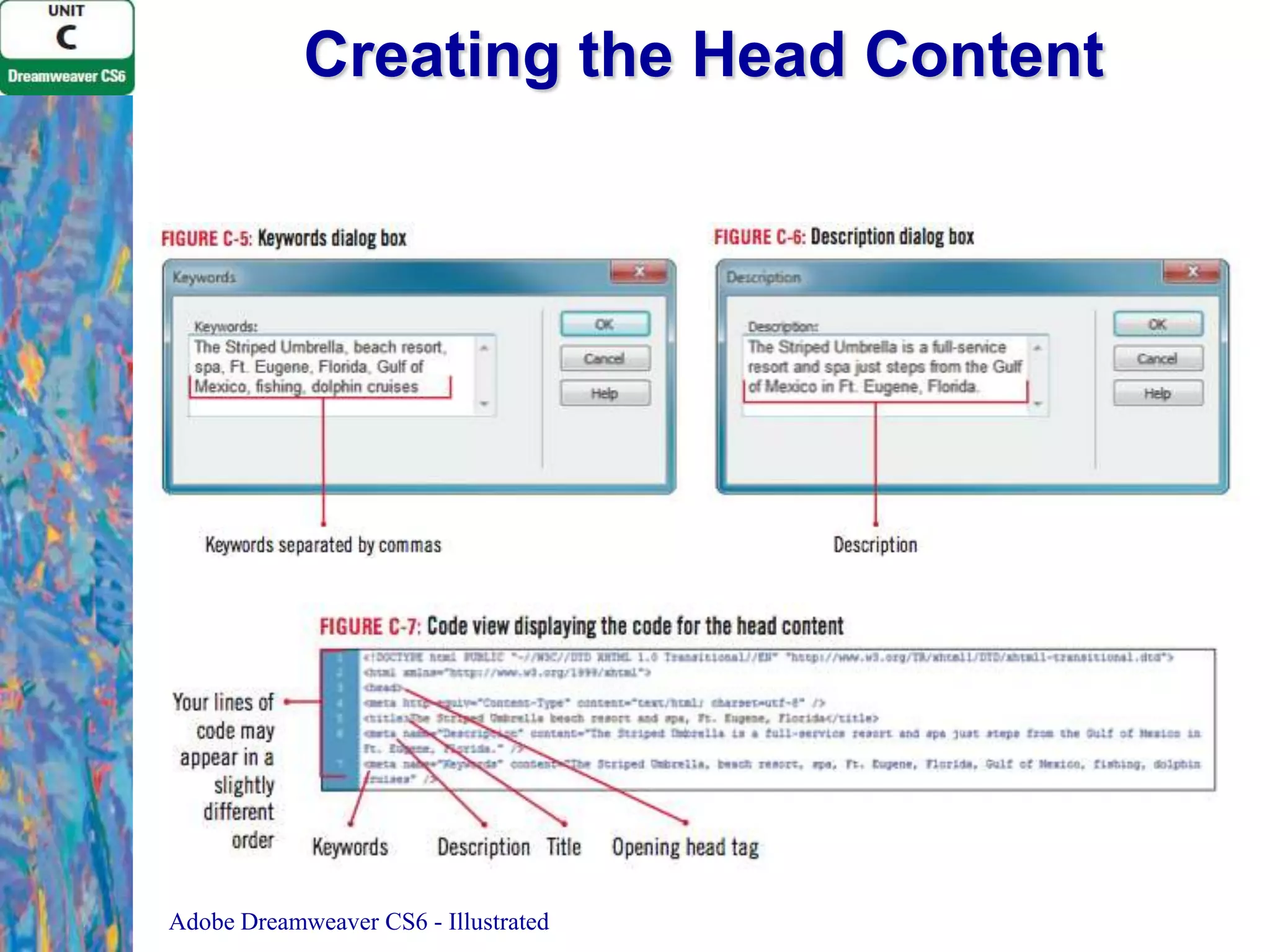 Creating the Head Content

Adobe Dreamweaver CS6 - Illustrated

 