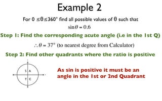 Example 2
        For 0 ≤θ≤360° ﬁnd all possible values of θ such that
                          sin θ = 0.6
Step 1: Find the corresponding acute angle (i.e in the 1st Q)
               ∴θ = 37° (to nearest degree from Calculator)
 Step 2: Find other quadrants where the ratio is positive
          y




         S A             As sin is positive it must be an
                         angle in the 1st or 2nd Quadrant
                   x

         T C
 