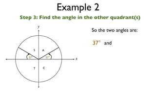 Example 2
Step 3: Find the angle in the other quadrant(s)
             y
                                  So the two angles are:

                                  37° and
         S       A

   37°               37°
                              x

         T       C
 